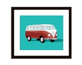 VW bus illustration - 8x10 transportation poster-VW camper- vintage car art print - teal background