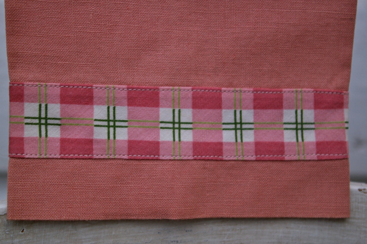 RESERVED for DORIS...Vintage Linen Hand Towel Salmon with Ribbon Applique