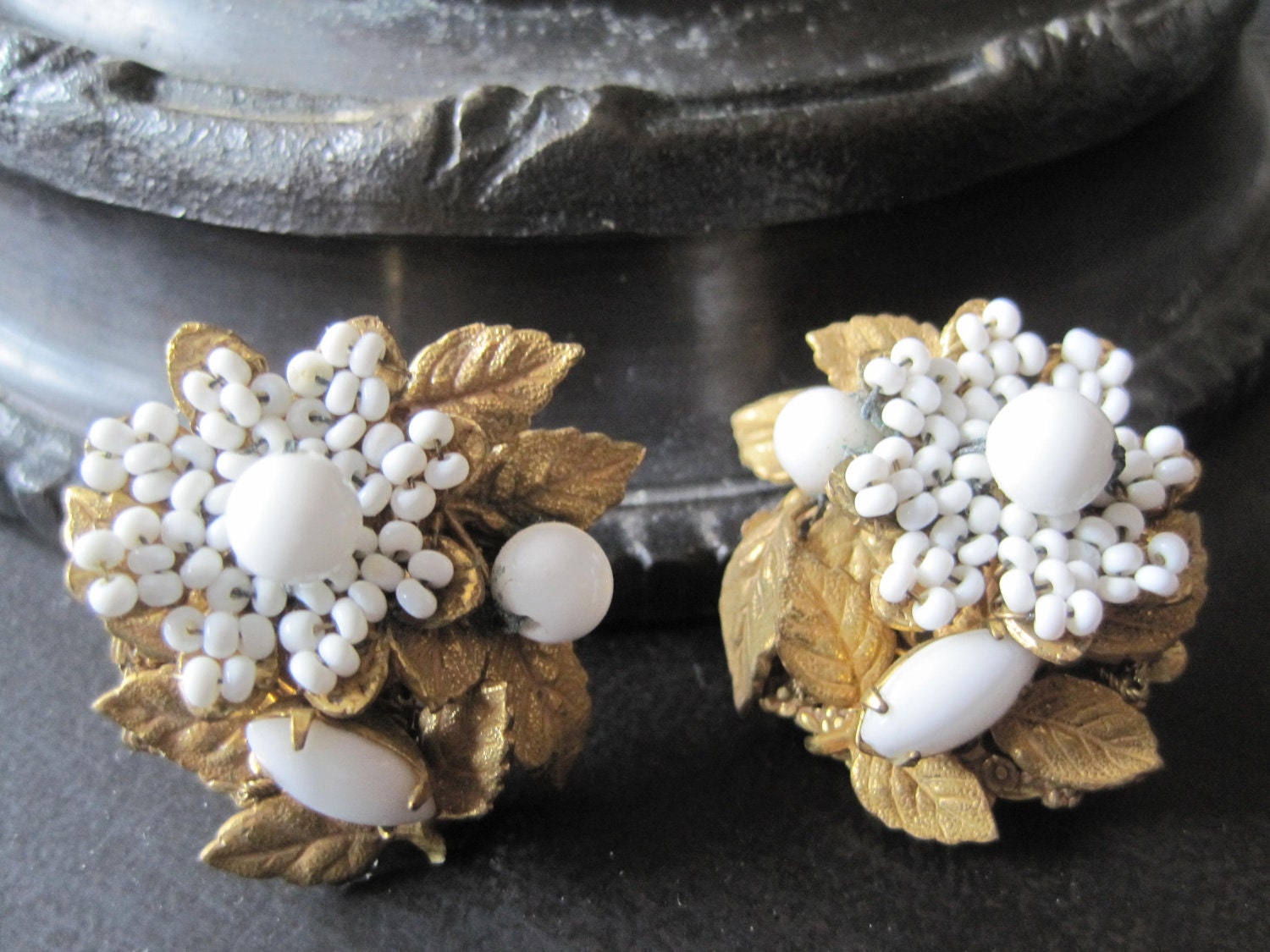 Miriam Haskell signed  White Milk Glass Cluster Earrings Wedding
