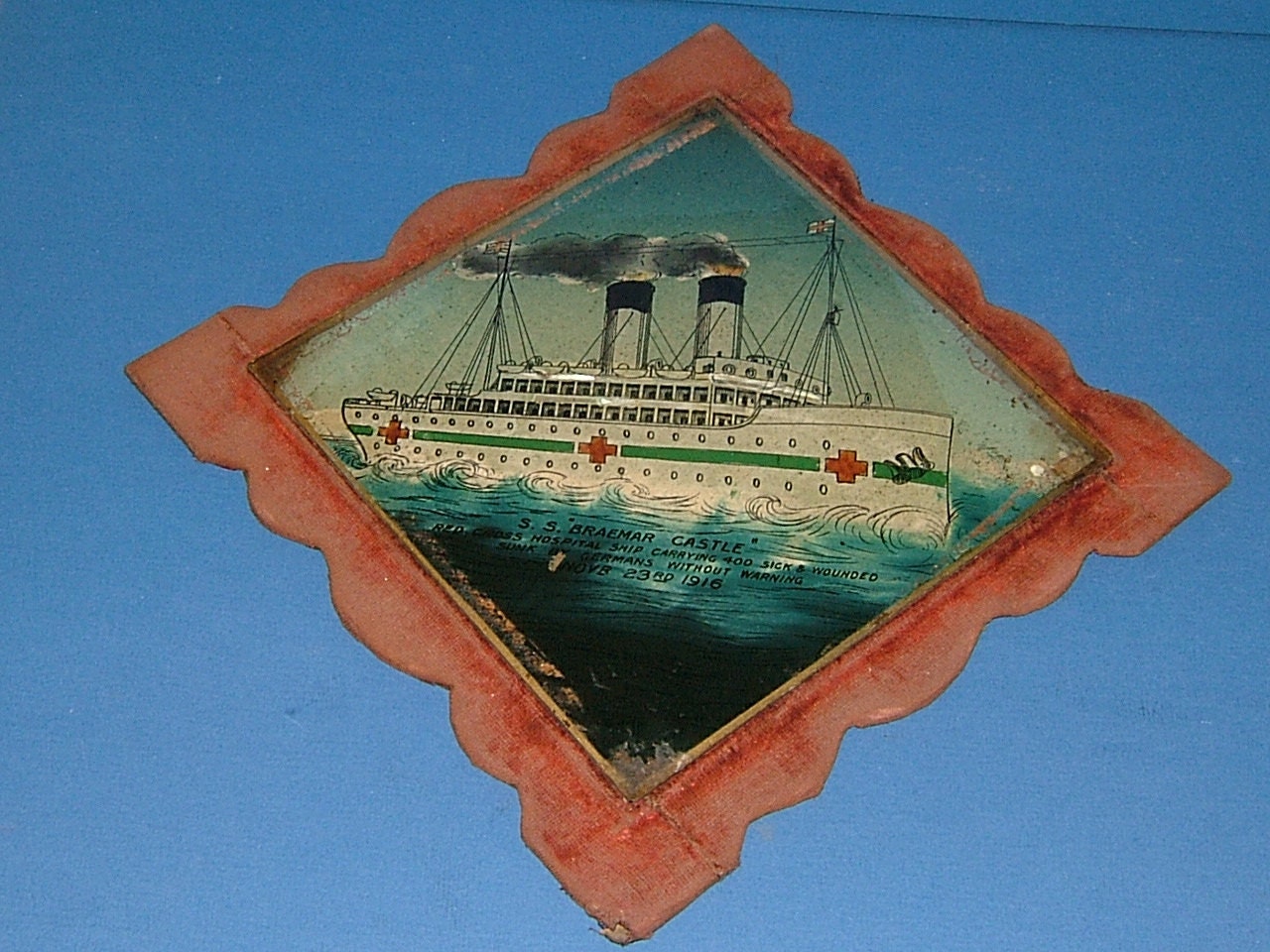 Commemorative Glass Wall Plaque WWI SS Braemar Castle Hospital Ship - Sunk by Germans