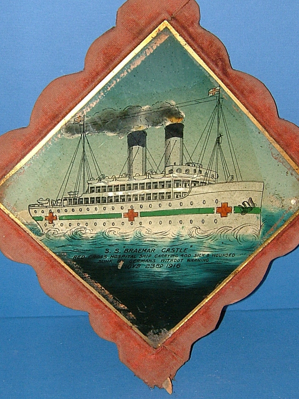 Commemorative Glass Wall Plaque WWI SS Braemar Castle Hospital Ship - Sunk by Germans