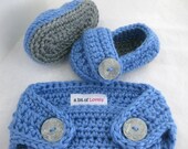 Baby Boy Shoes / Slippers / Booties and Diaper Cover Grey & Blue SET - YOUR choice size - (newborn - 12 months) - photo prop - children