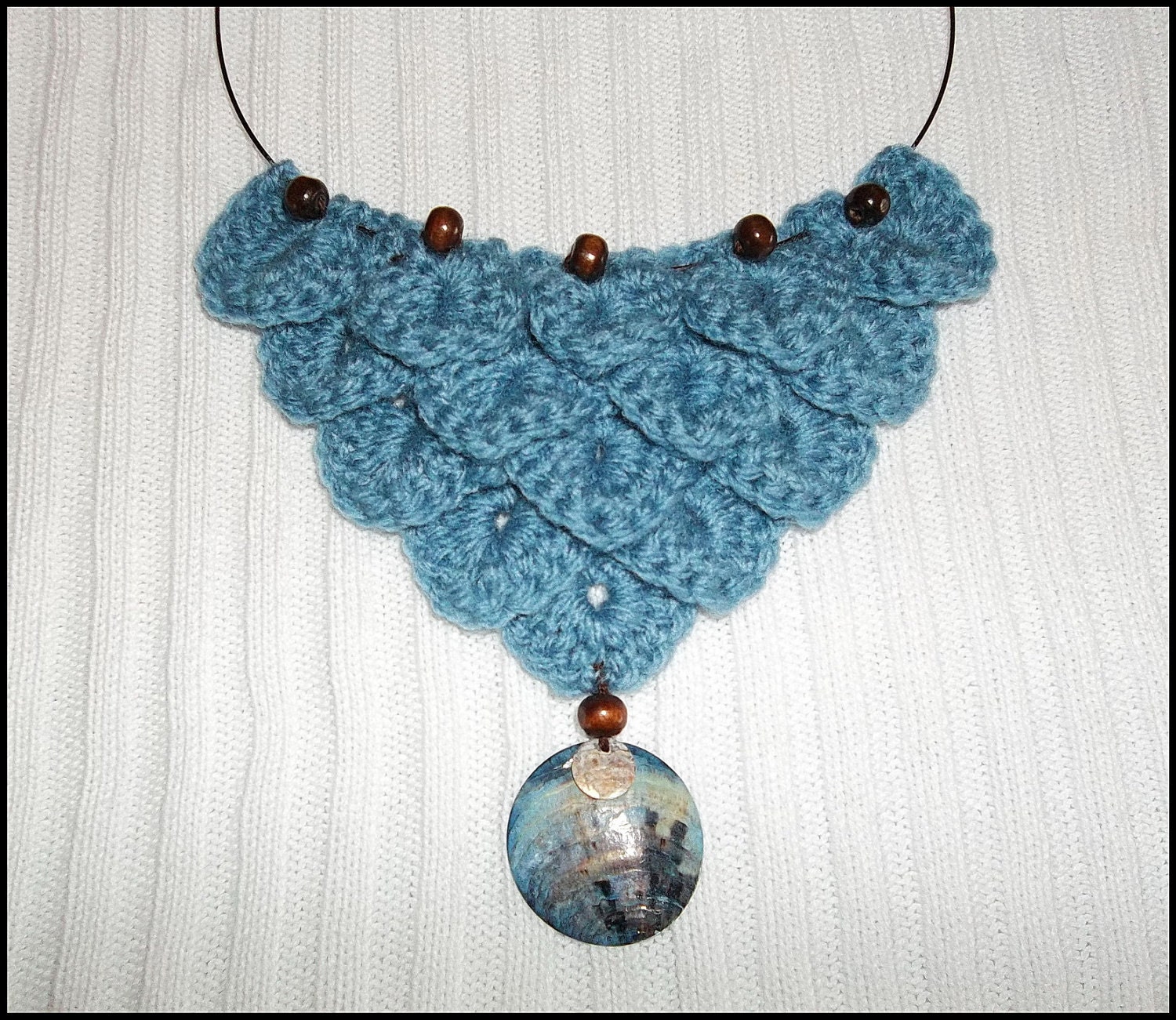 Celtic, Crochet, Crocodile Stitch, Urban Chic, Blue Bib Necklace with beads and shell pendant