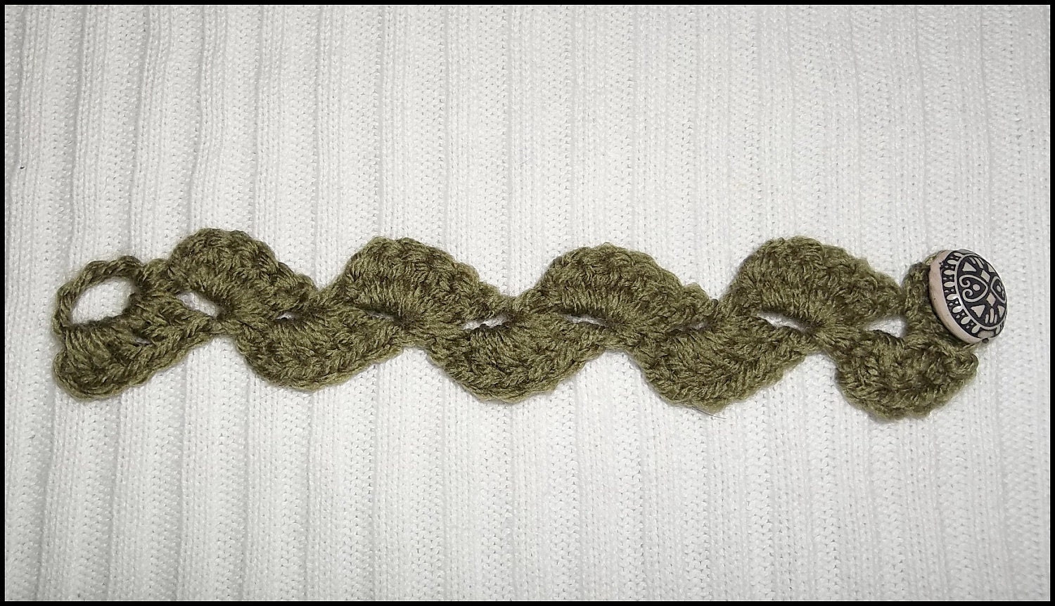 Celtic Bracelet,  Crochet, Olive Green  with Bead Closure