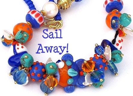 SAIL AWAY, Artist Vermeil gold necklace, Whimsical, fishy. Colourful Australian Made Lampwork Glass