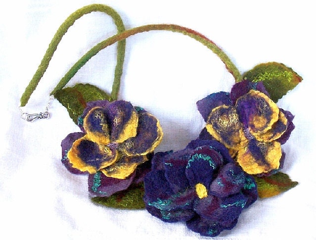 PANSIES, Fiber Art Necklace, Flower Garland , Wet Felted, Australian Made