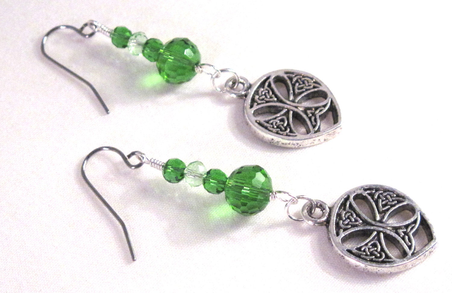 Handcrafted Irish Green Crystal Dangle Earrings- US Free Ship