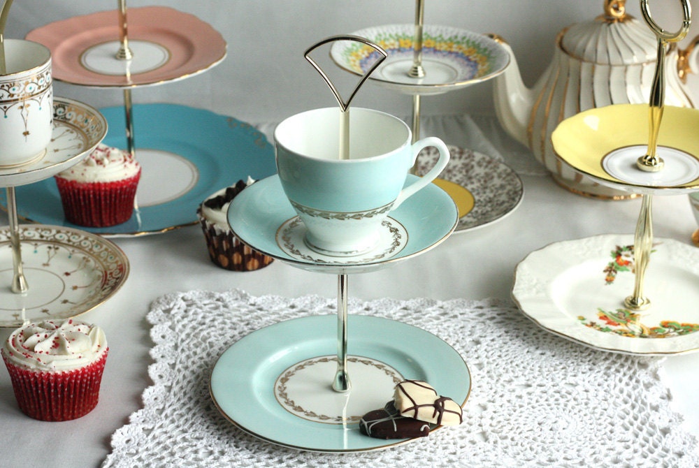 2 tier jewelry / candy / truffle stand: English bone china upcycled to make a pretty mini cake stand