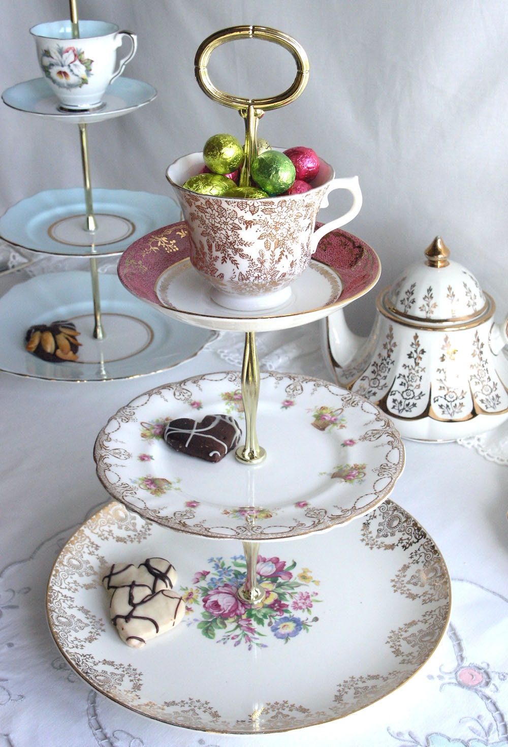 3 tier cake / cupcake stand with 22 kt gold Copeland / Spode platter, Royal Doulton plate crowned with Salisbury saucer and a regal Vale cup