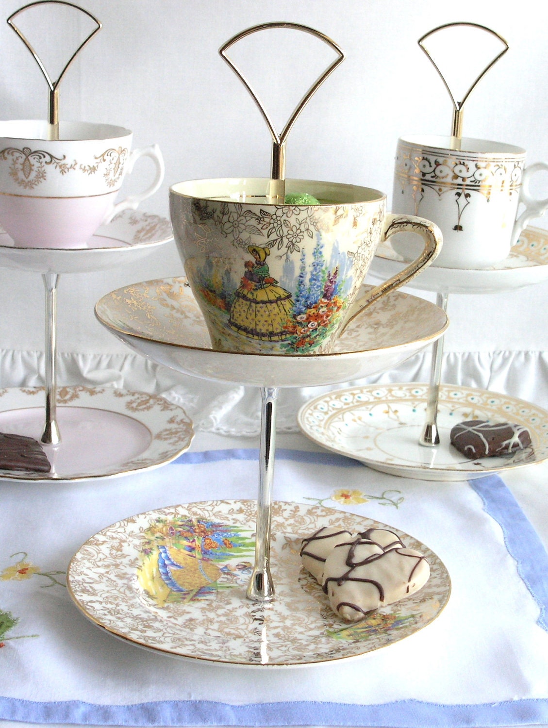 Pretty 2 tier mini cake stand / jewelry display - upcycled English Empire china cup, saucer and plate with crinoline lady pattern