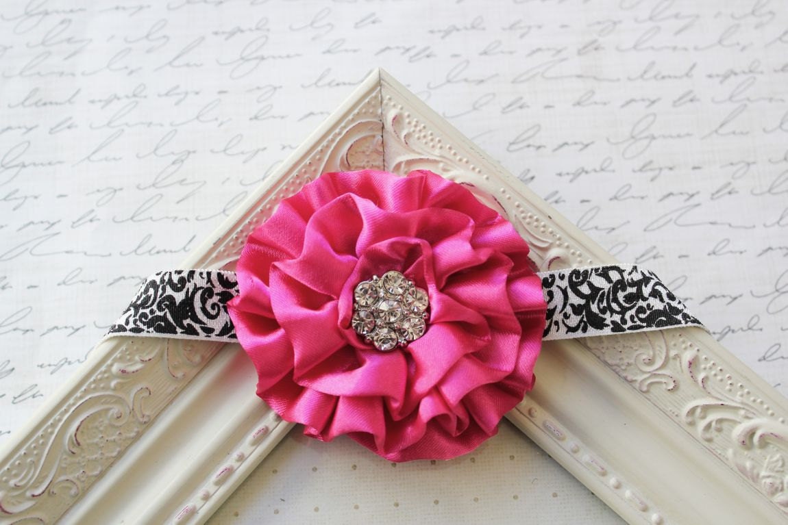 Hot Pink Satin Puff Flower headband, baby flower headbands, black damask headbands, damask, newborn headbands, photography prop