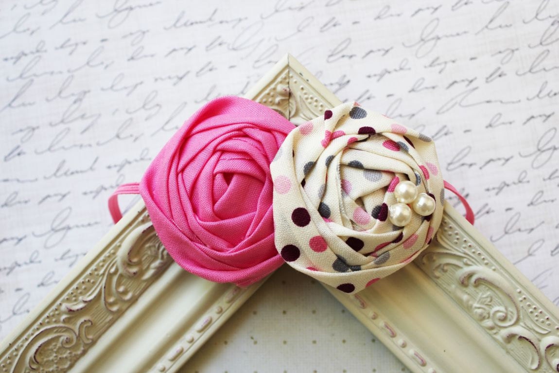Pink and Cream Rolled Rosette headband, pink flower headbands, cream headbands, baby headbands, newborn headbands, photography prop