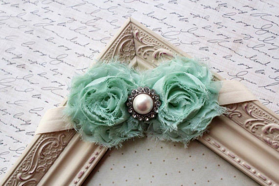 Mint Green Chiffon flower headband, baby headbands, newborn headbands, photography prop, baby flower headbands