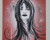 Acrylic / Aerosol Painting of Devilish Female with Stencil Face by Adam Valentino
