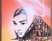 11X14 Audrey Hepburn Angel Golden Gate Bridge Orange & Yellow Original Stencil Painting by Adam Valentino