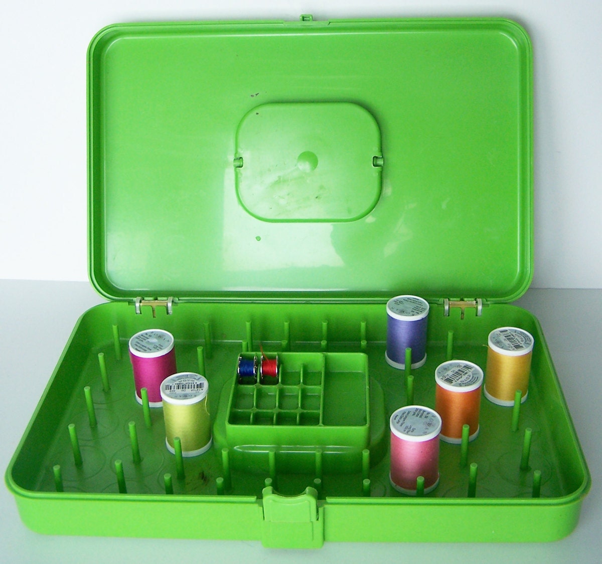Items similar to Vintage Plastic Sewing Storage Box Green Retro Organization on Etsy