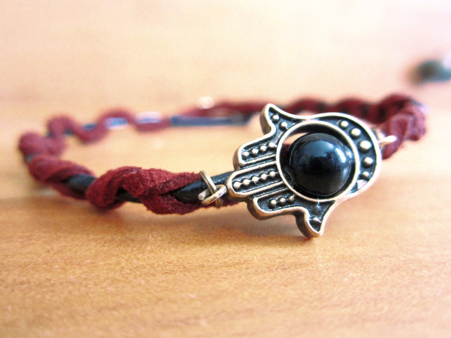 Hamsa Bracelet - Braided Maroon Suede