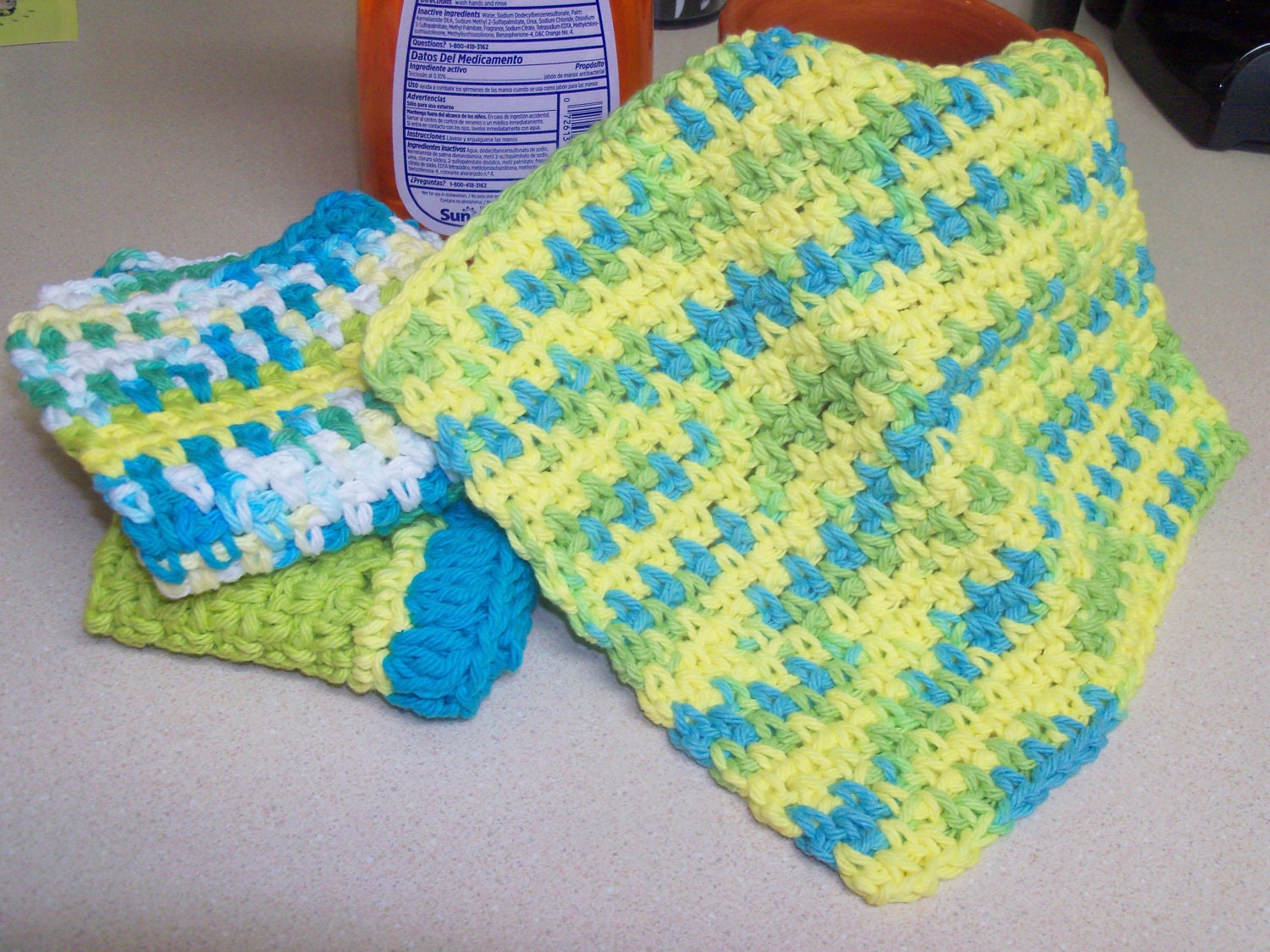 Dishcloths Set - Summer Day - Set of 3  Hand Crocheted Dishcloths in Lemon Yellow, Lime Green, Peacock Blue, and White