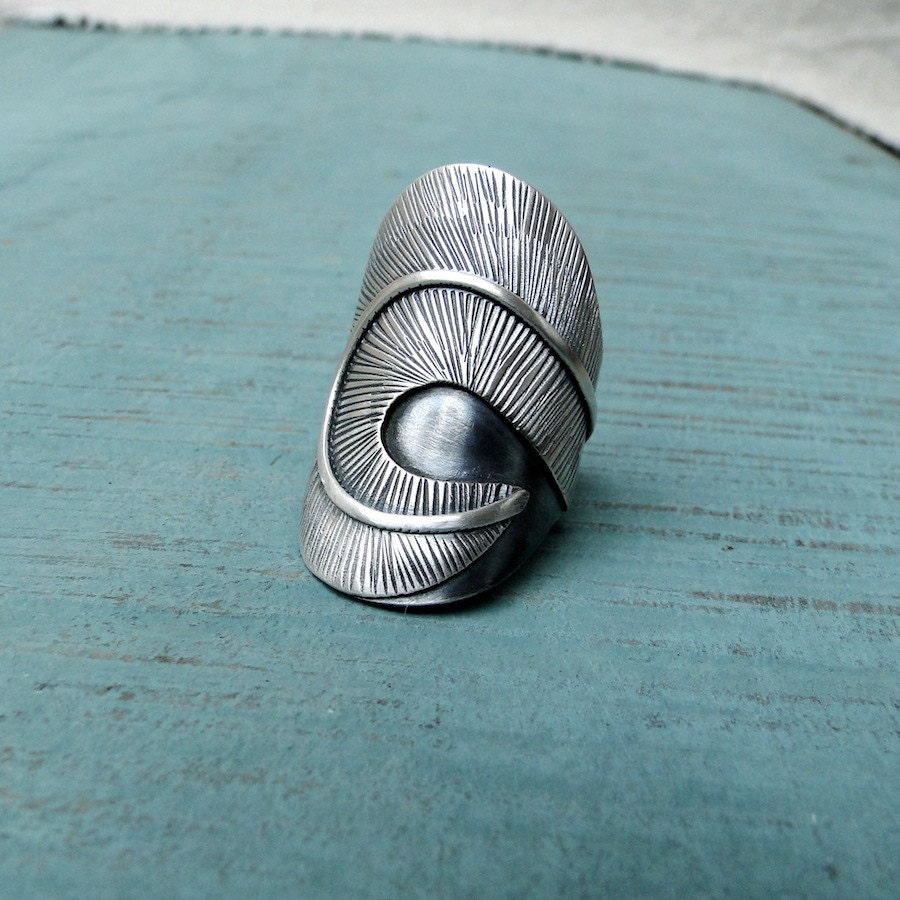 Fossil Feather Adjustable Sterling Silver Ring