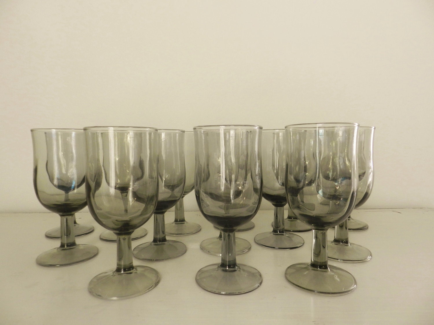 Vintage Smoked Wine or Water Glass Goblets Set of 14 Mid Century