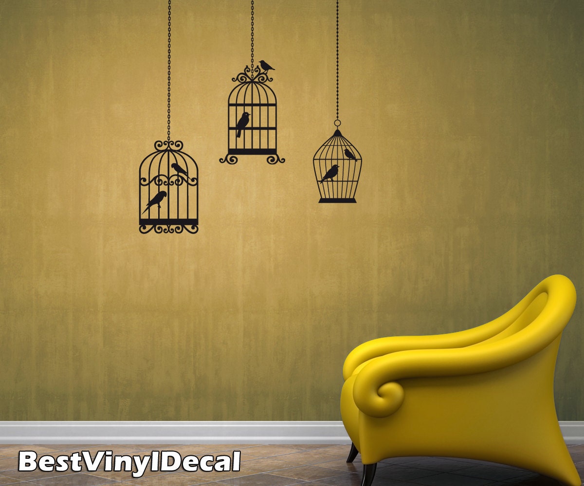 set of 3 bird cage wall decals with 6 birds - Vinyl Wall Stickers Art Graphics