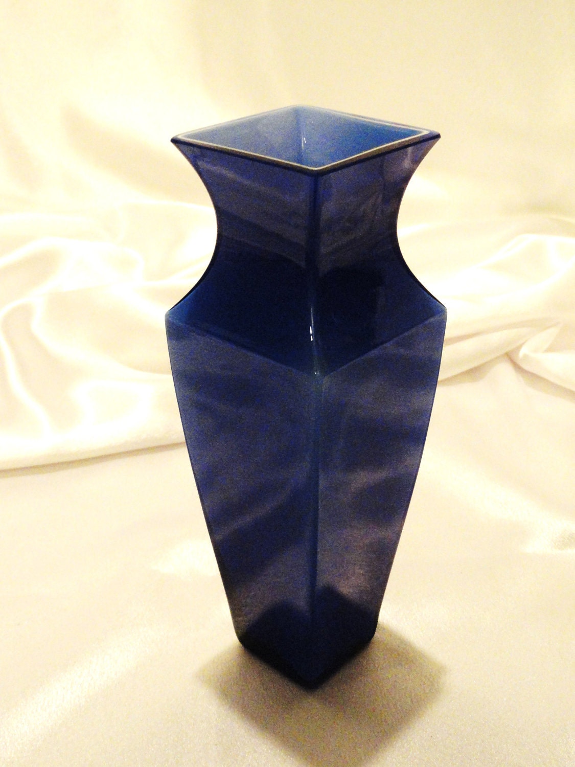 Square shaped Cobalt Blue Vase with white by VintageAdorables