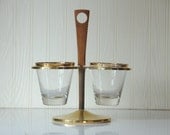 Condiment Set Caddy Holder Glass Bowls Wood and Gold Rack Serve Ware Stand