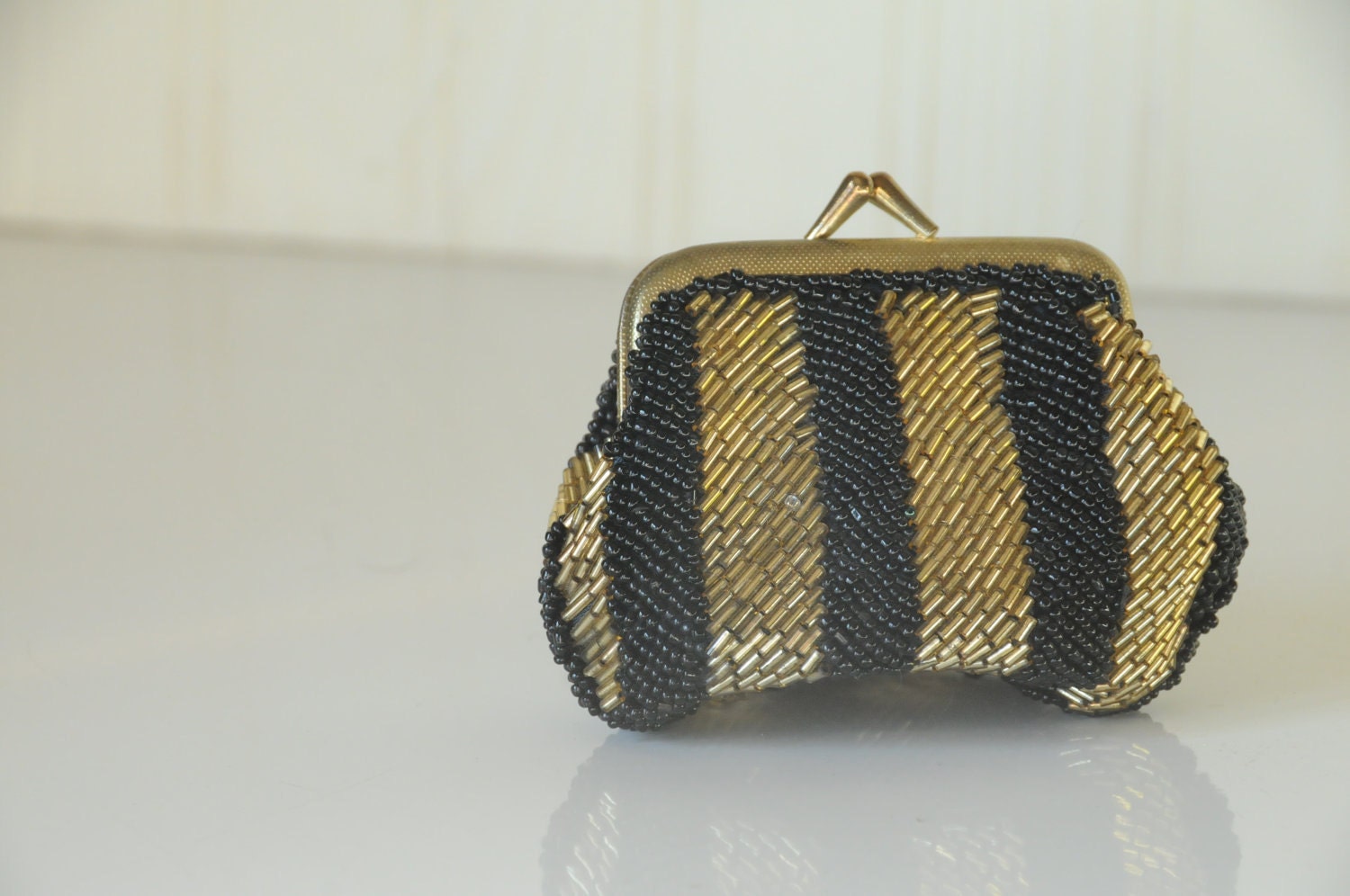 Vintage Small Evening Clutch/Change Purse,Black and Gold Clutch. Clutch with Seed Beads and Bugle Beads, Purse, Evening Bag