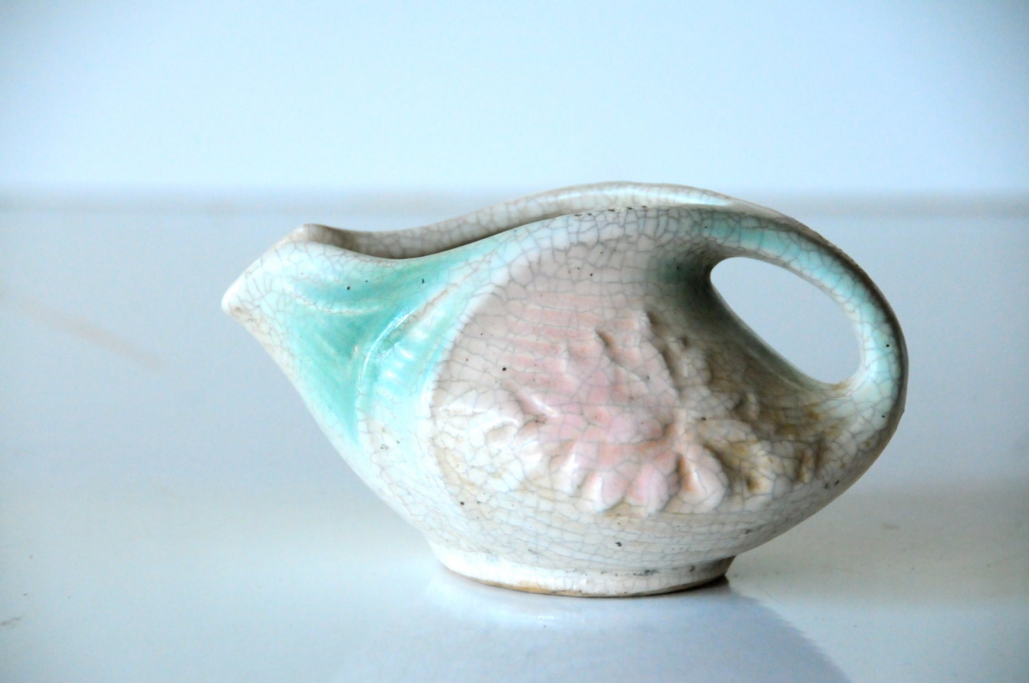 Pitcher McCoy Art Pottery Pitcher Small Cream Green Pink Flower c.1920s 1930s
