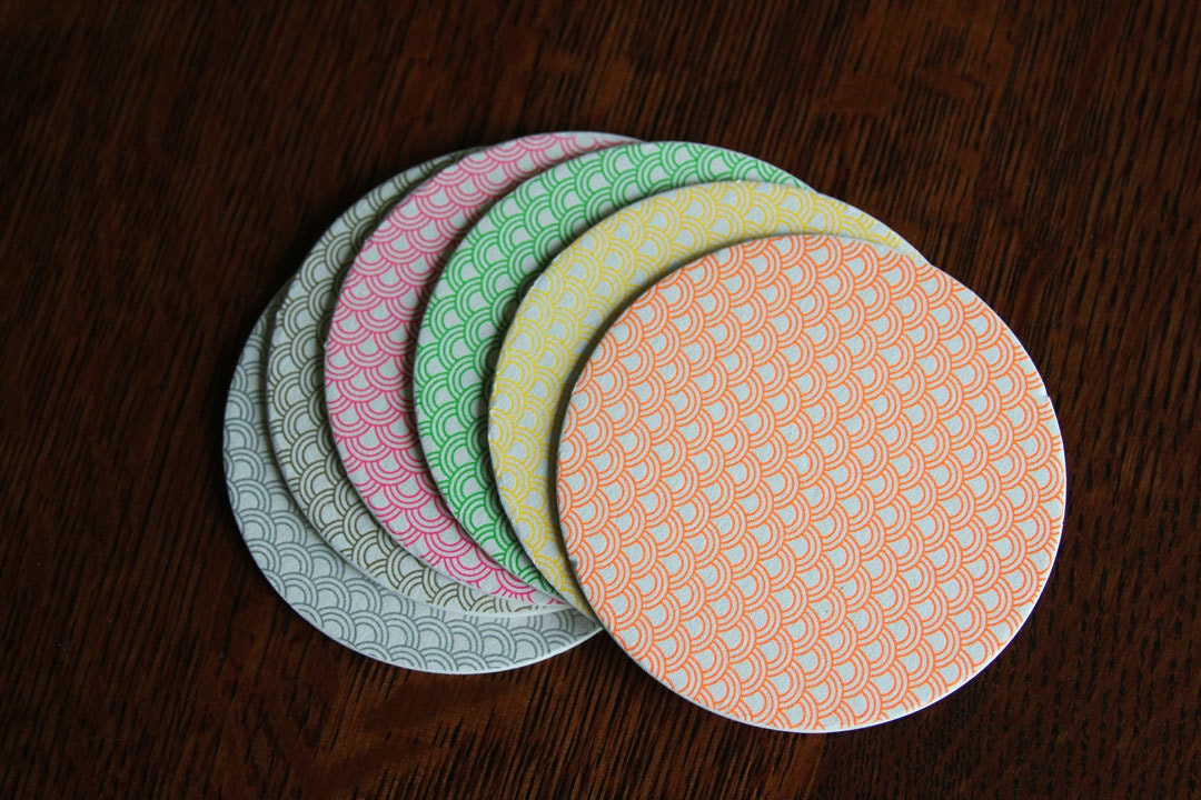 Letterpress Neon & Metallic Modern Fish scale pattern coasters - WishboneLetterpress