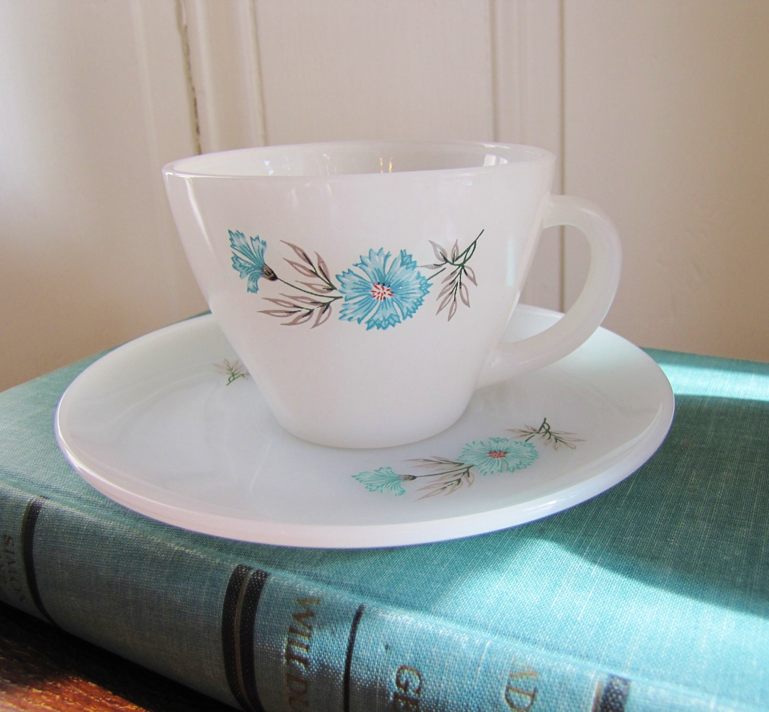 Fire King Tea Cup and Saucer- Vintage Bonnie Blue Thistle Pattern- Anchor Hocking Oven Ware Made in USA