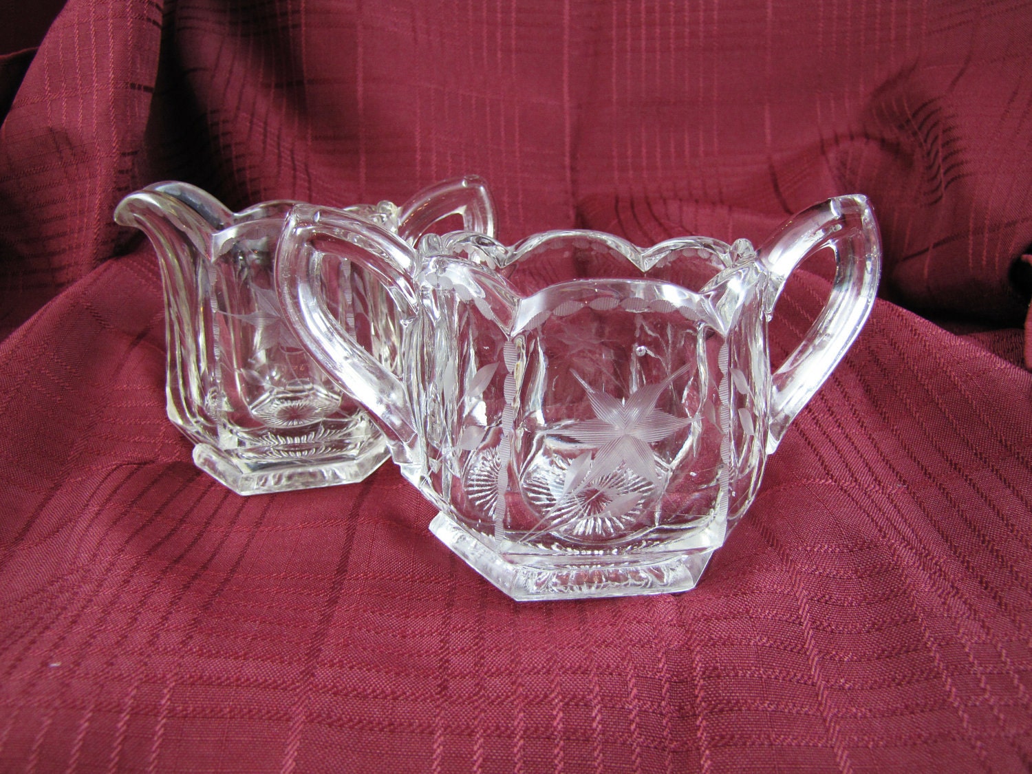 Etched Glass Cream and Sugar Bowl Set- Vintage Pressed Glass- Scalloped Edge