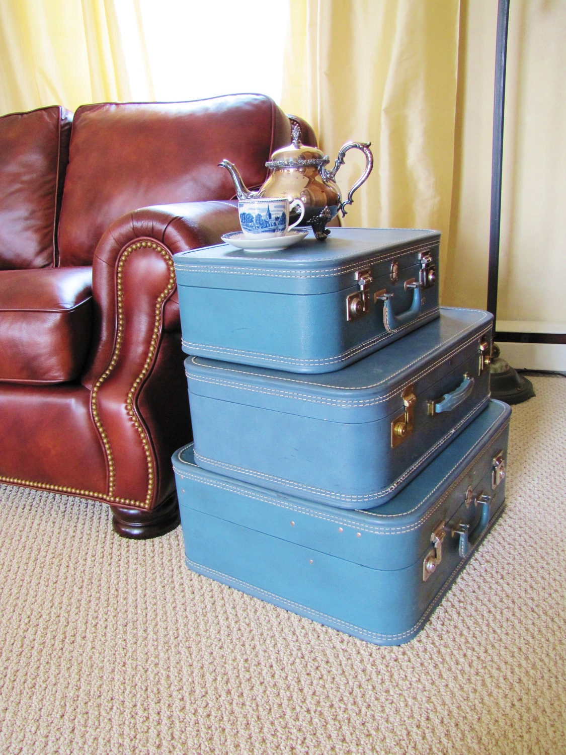 Vintage Luggage Set- Medium Blue Suitcase Set of Three- Hardcase- Travel Toy