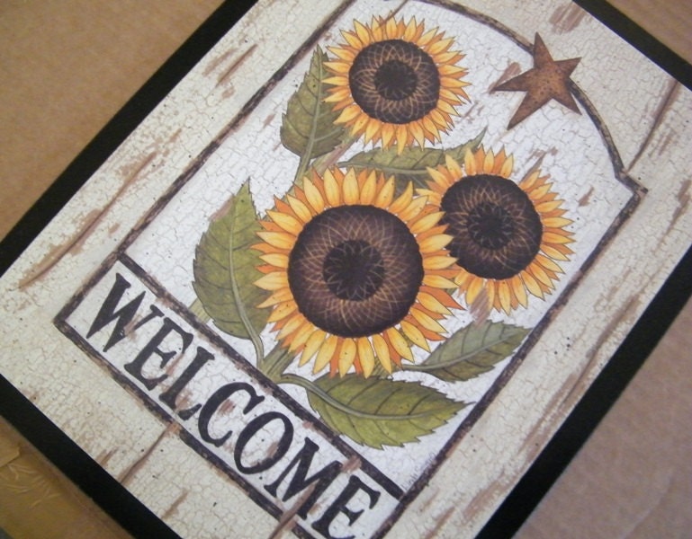 Country Vintage SUNFLOWER WELCOME Sign Wood Wall Art Decor Metal Barn Star