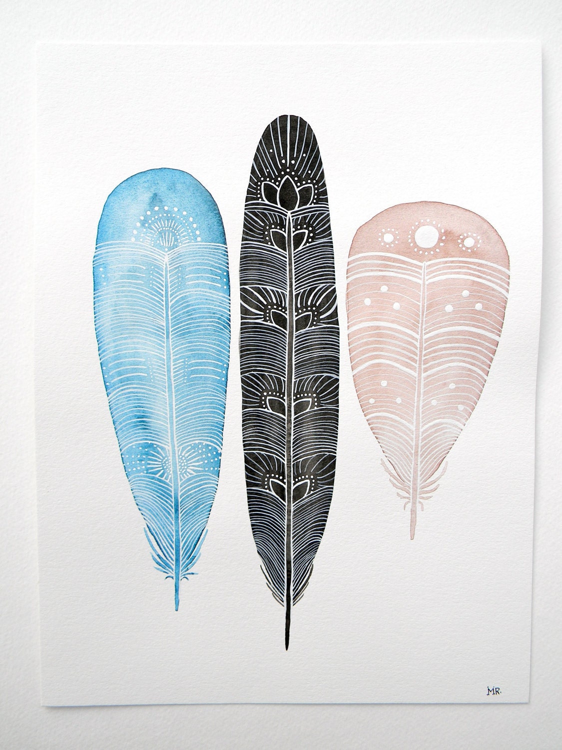 Feather Art Watercolor Painting - Nature Art - Large Archival Print - 11x14 Penelope Feathers