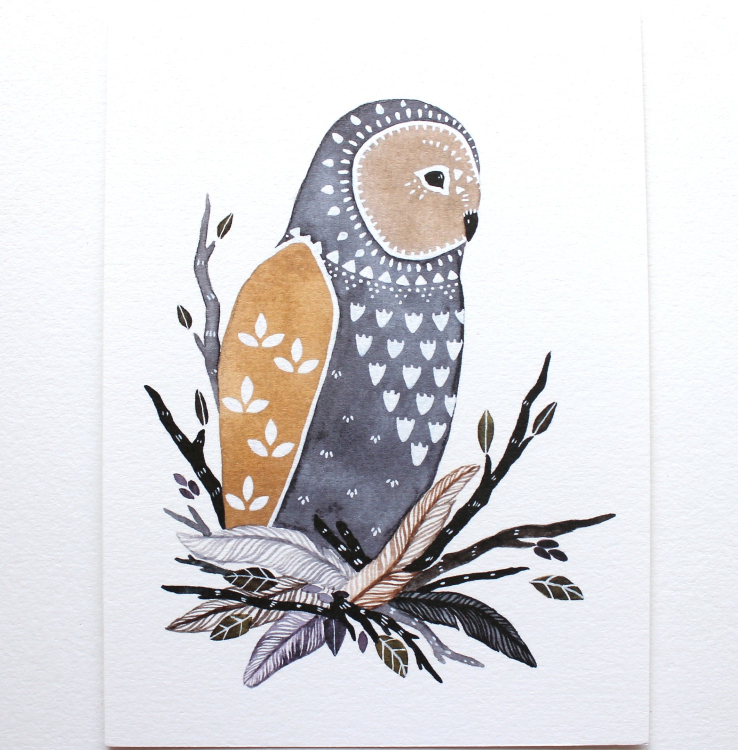 Owl Illustration Art - Watercolor Painting - Archival Print - 5x7 Little Owl Manu