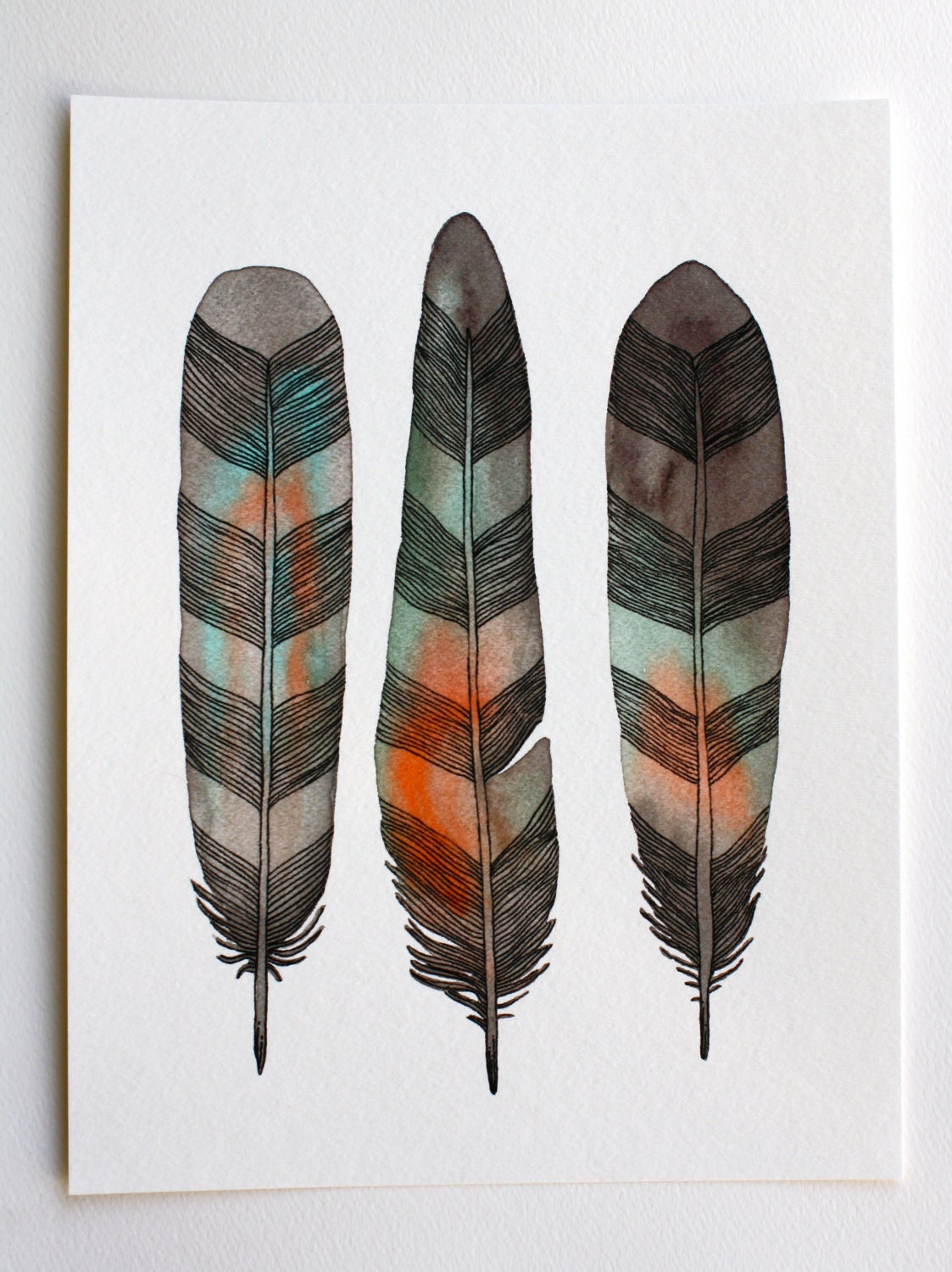 Watercolor Feather Painting - Modern Art - Archival Print - 8x10 Chevron Feathers