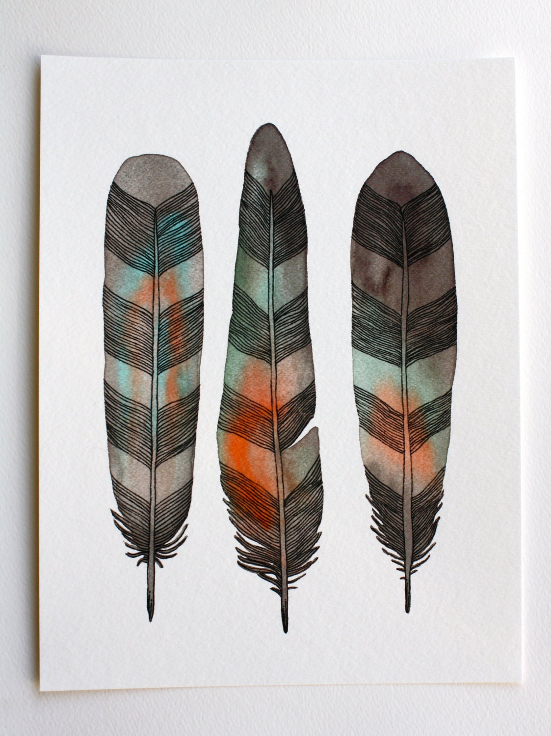 Feather Art Painting - Watercolor Art- Large Archival Print - 11x14 Chevron Feathers