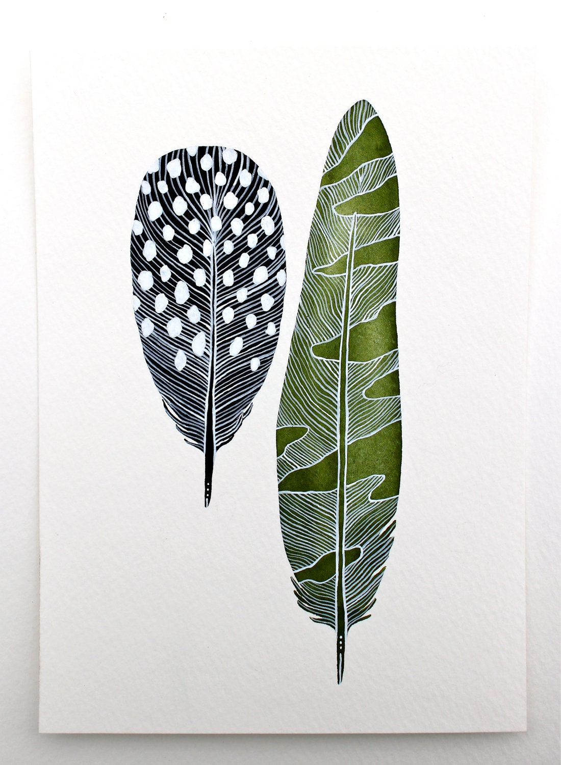 Original Feather Painting Watercolor Art - Modern Decor - Green, Black, White