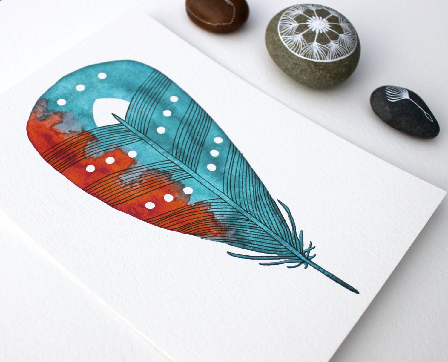 Feather Painting - Watercolor Art - Large Archival Print - 11x14 Coral & Sea Feather