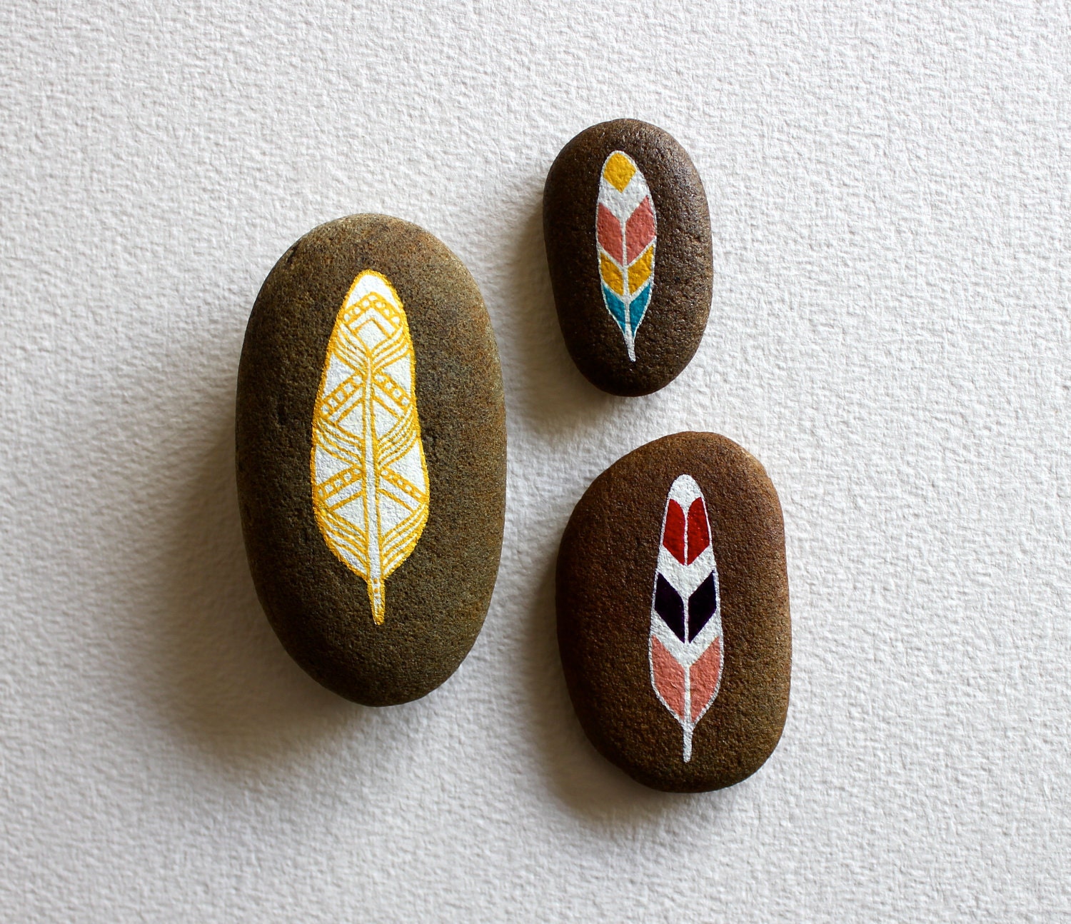 Neon Feathers Painted Stone Set - Modern Home Decor
