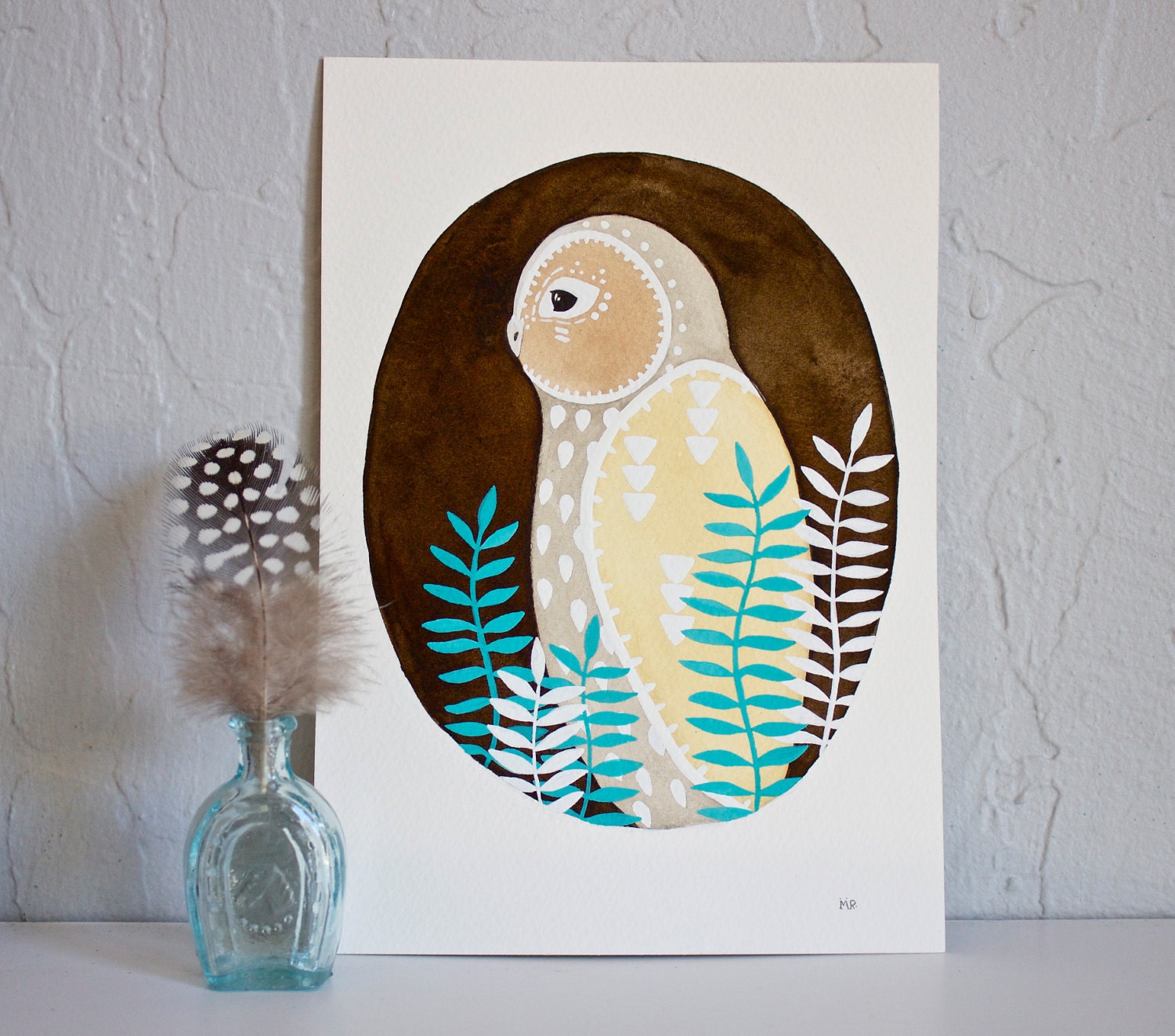 Original Owl Illustration Painting - Little White Owl Teva - Watercolor Art