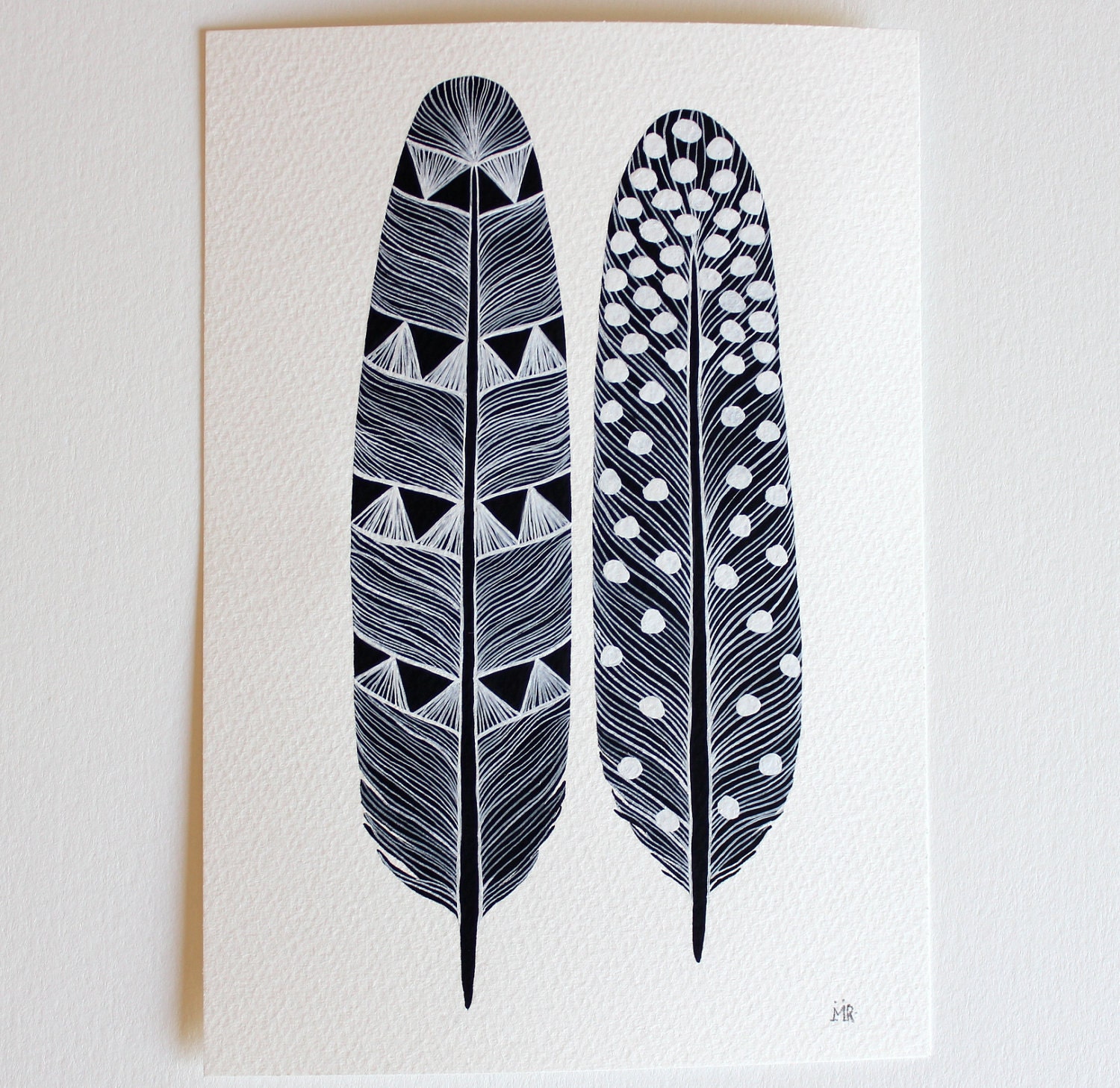 Feather Art Painting - Monochrome Watercolor Home Decor - Archival Print - 8x10 Mika Feathers