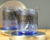 Small Hanging Candle Holder Inspired by Moroccan Lanterns, Blueberry Tinted  Glass With Black Accents
