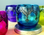 Moroccan Votive Holder with Peacock Blue Glass and Gunmetal Accents
