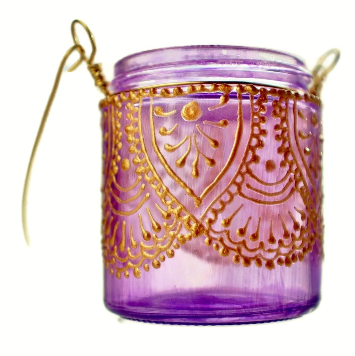 Hanging Candle Holder Inspired by Moroccan Lanterns, Lavender Tinted Glass With Golden Accents