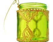 Hanging Candle Holder Inspired by Moroccan Lanterns, Lime Green Tinted Glass With Golden Accents