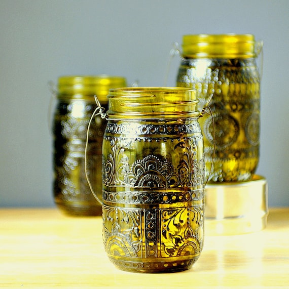 Hand Painted Mason Jar Lantern,Canary Yellow Tinted Glass with Black Accents