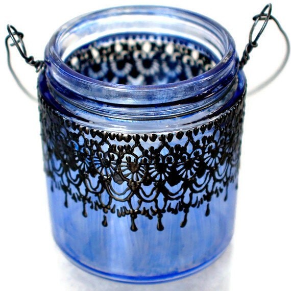 3 Small Morrocan Inspired Candle Lanterns, Amethyst Tinted  Glass With Black Accents