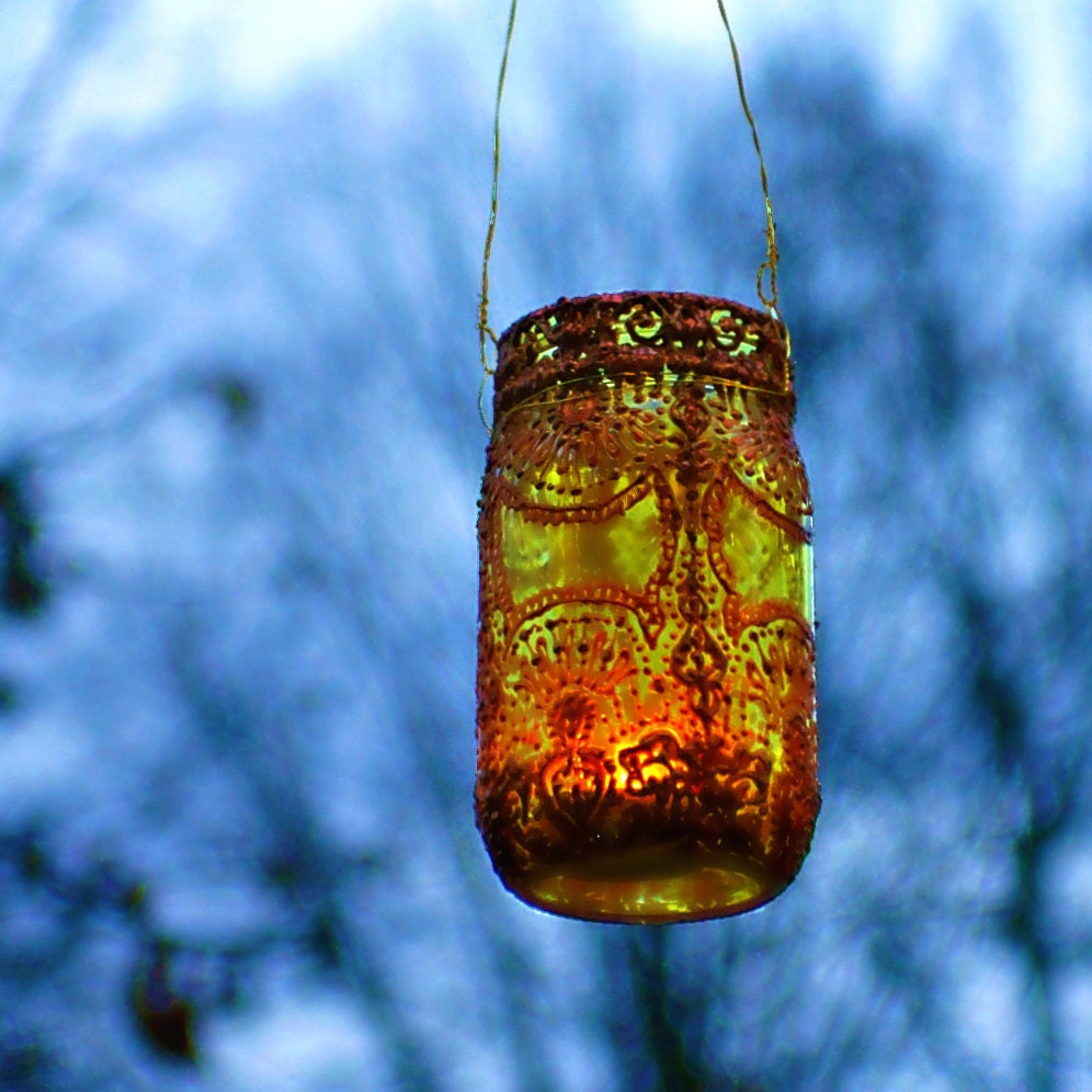 Hand Painted Mason Jar Lantern, With Copper and Gold Accents